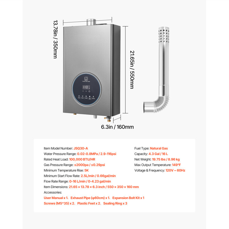 Chauffe-eau à gaz sans réservoir 4,3 gallons avec contrôle de température intelligent 100 000 BTU