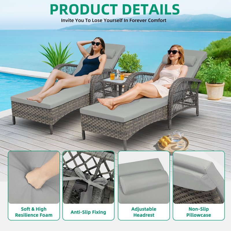 Outdoor Wicker Chaise Lounge Chair With Cushion, 76.98" Long All Weather Pe Rattan Patio Lounge Chair, 6-Positions Adjustable Pool Reclining Sunbathing Chair, Armrest & Head Pillows
