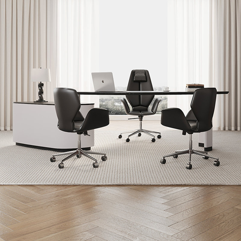 Black+White Free Form Manufactured Wood+Barenia with 2 drawers desk, 29.53" H x 78.74" W x 47.24" D