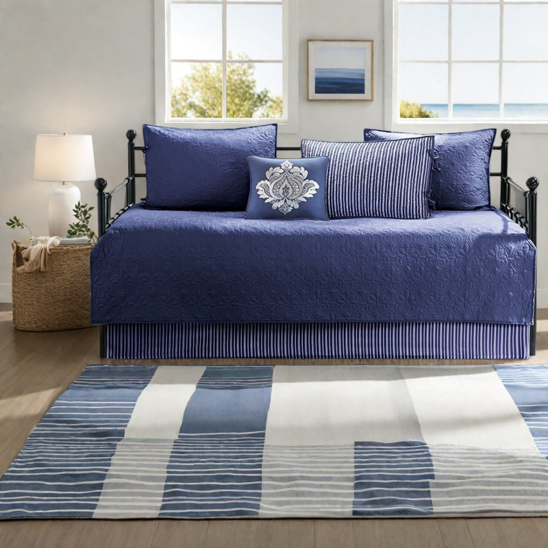Ensemble de literie réversible en coton, motif rayé bleu marine, housse de lit de jour confortable