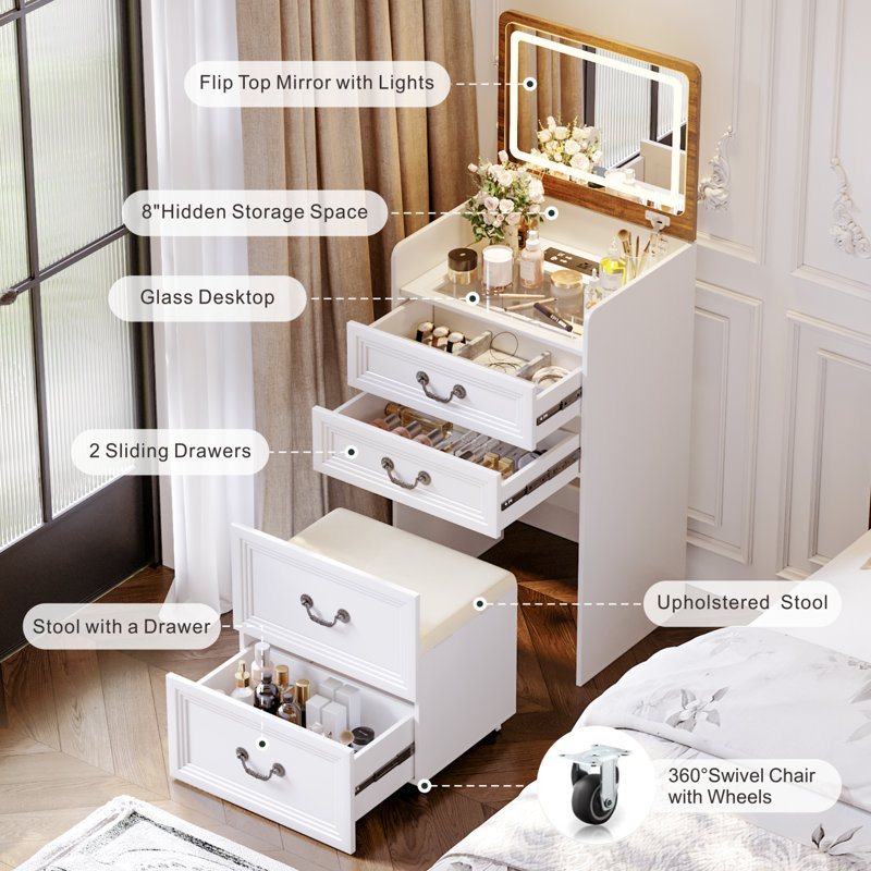 3-in-1 Compact Vanity Desk With Flip-top 3-color Led Mirror And Charging Station, White