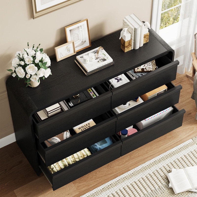 47-Inch Wide Arched 6-Drawer Dresser in Black - Wood Storage Cabinet with Curved Profile for Living Room, Entry Area or Nursery