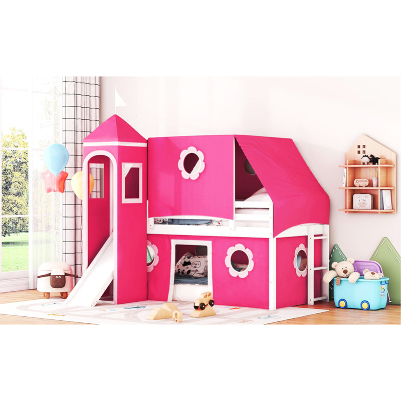 Lit simple mezzanine rose avec glissade et tour - matériaux, trois options d'installation, espace spacieux pour les maisons de poupées en bois massif, méthodes, salle de jeu