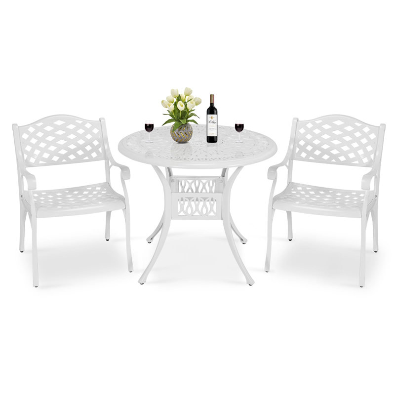 Darby Home Co 3 Piece Patio Bistro Set, Outdoor All-Weather Cast Aluminum Dining Furniture Set Includes 2 Chairs And A 35.4" Round Table With Umbrella Hole For Garden Deck