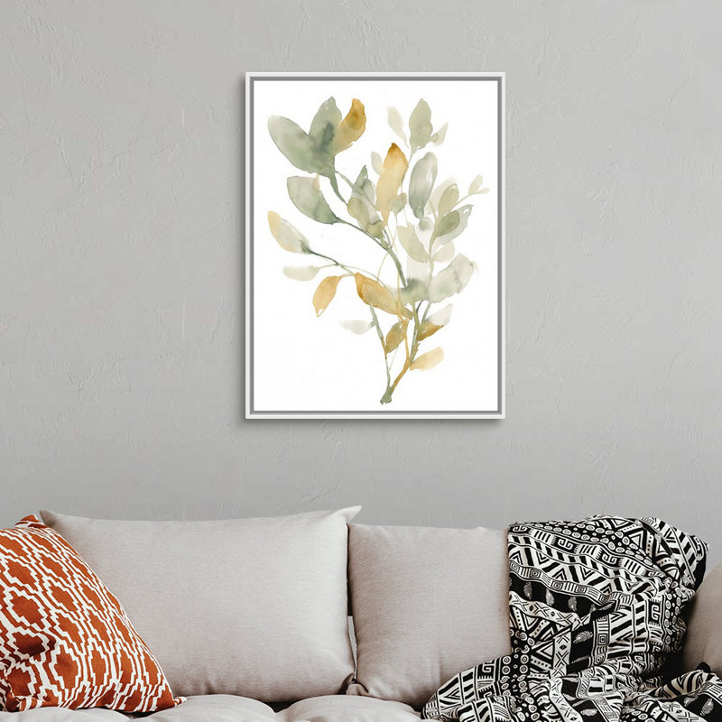 «Sage & Sienna Leaves I», art mural sur toile, Toile avec cadre blanc, H 34 po x l 26 po