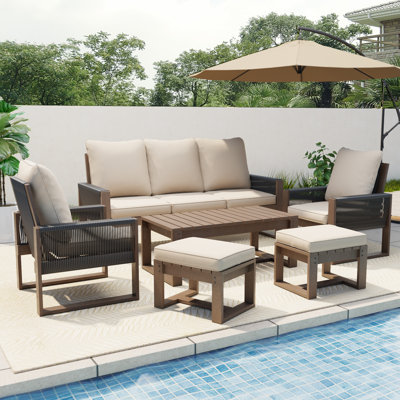 Ensemble de canapé d'extérieur en osier 6 pièces avec coussins 6 pièces - Comprend un canapé 3 places, 2 fauteuils, 2 repose-pieds et une table basse - Ensemble de mobilier de patio toutes saisons