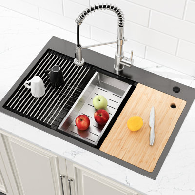 Black 33"X22" Kitchen Workstation Sink - Handmade Stainless Steel With User- Interface 304 Easy Maintenance