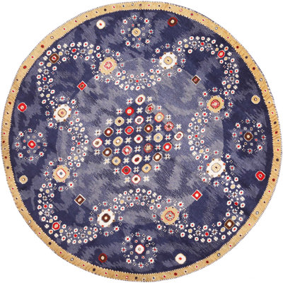 Tapis bleu rond en soie et en laine d'inspiration suédoise moderne et unique en son genre
