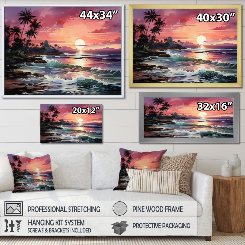 «Miami Pink Tropical Twilight», reproduction sur toile encadrée, H 12 po x l 20 po x P 1 po, Cadre doré à une seule photo
