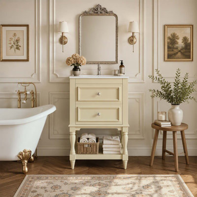 Meuble-lavabo de 51 cm (20 po) avec lavabo en céramique, design rétro, 2 tiroirs et une tablette ouverte pour un rangement élégant.