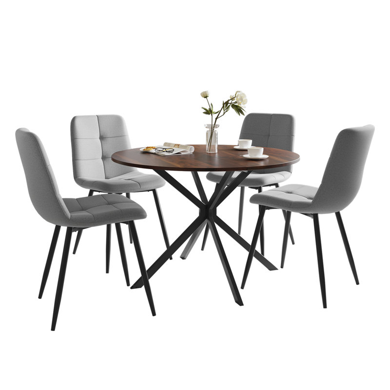 Dining Table And Chairs Set Of 4, Folding Round Dining Table With 4 Chairs For Dining Room,Kitchen,Living Room, Brown, Grey