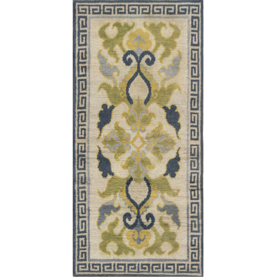 Tapis japonais beige / vert en laine tissé à la main 3 pi x 6 pi 1 po Mid-20Th Century