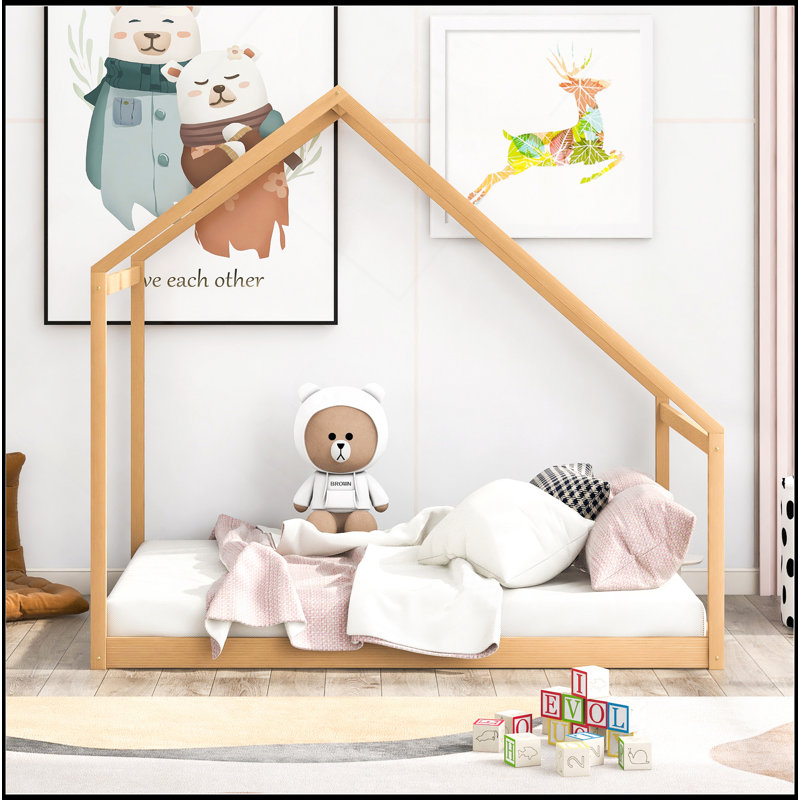 Lit maison en bois, Naturel, Lit double