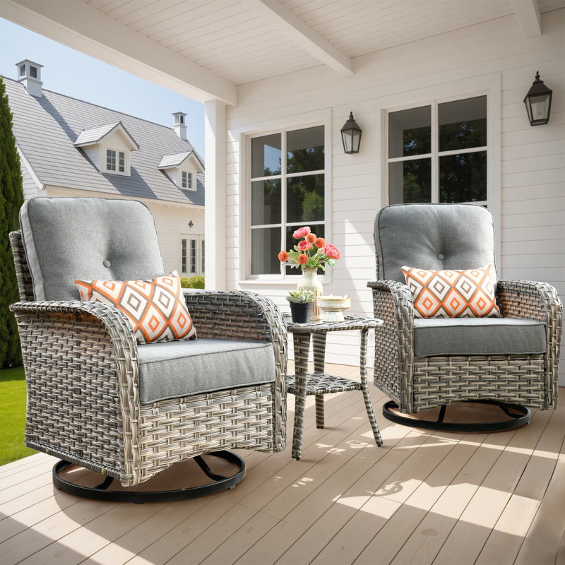 Emroy 2 - Person Outdoor Wicker Swivel Chairs with Side Table, All Weather High Back Rattan Chairs 2-Seater with Comfy Cushions