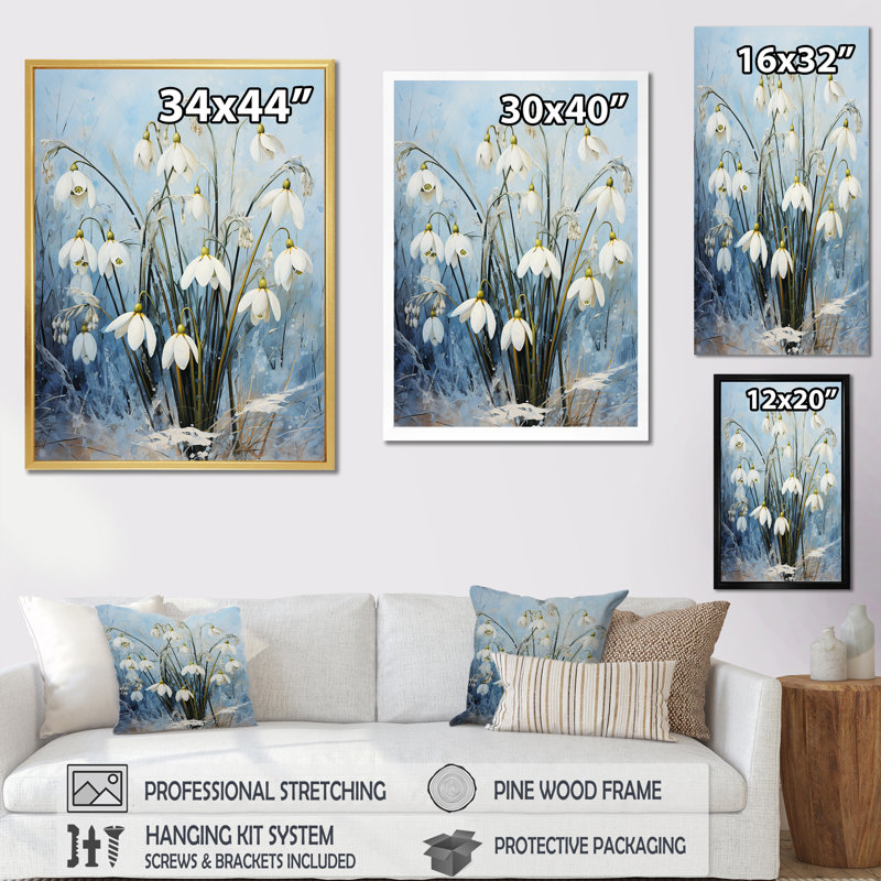 «Modern Modern Blue and Gold Snowdrops I», reproduction sur toile, Toile tendue, H 20 po x l 12 po