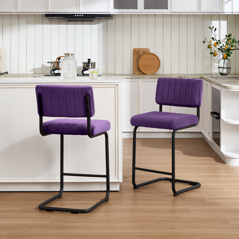 Marlow Low Back Tufted Velvet Upholstered Counter/Bar Stool with Steel Sled Frame, Counter Stool (Seat Height: 24"), Purple