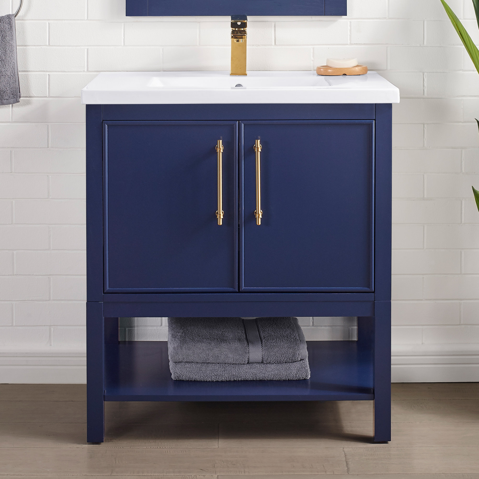 Jewell 30'' Single Bathroom Vanity, Navy Blue/Antique Brass