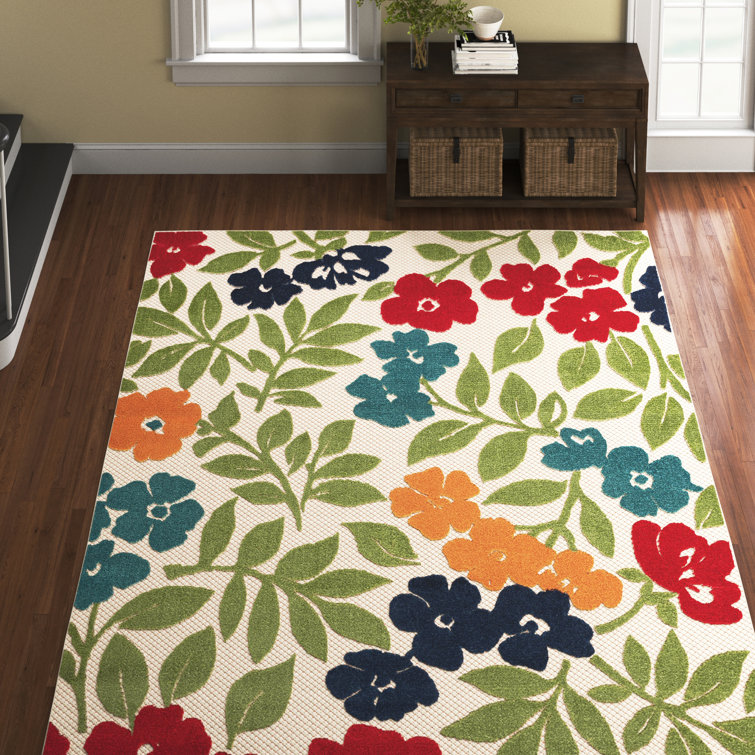 Floral Flatweave Water Resistant Indoor Outdoor Rugs for Patios, Deck, Porch or Entryway