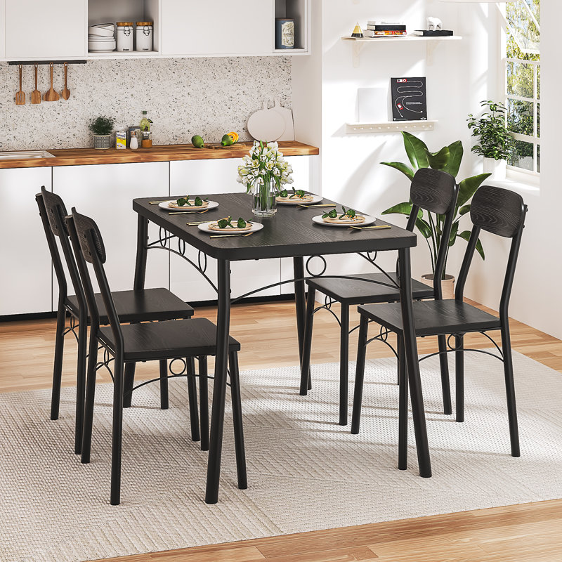 Whipton 4 - Person Dining Set, 5-Piece Rustic Black Dining Table Set for 4, Industrial Kitchen Table and Chairs Set with Metal Frame, Space-Saving Dining Room Furniture (Set of 5)