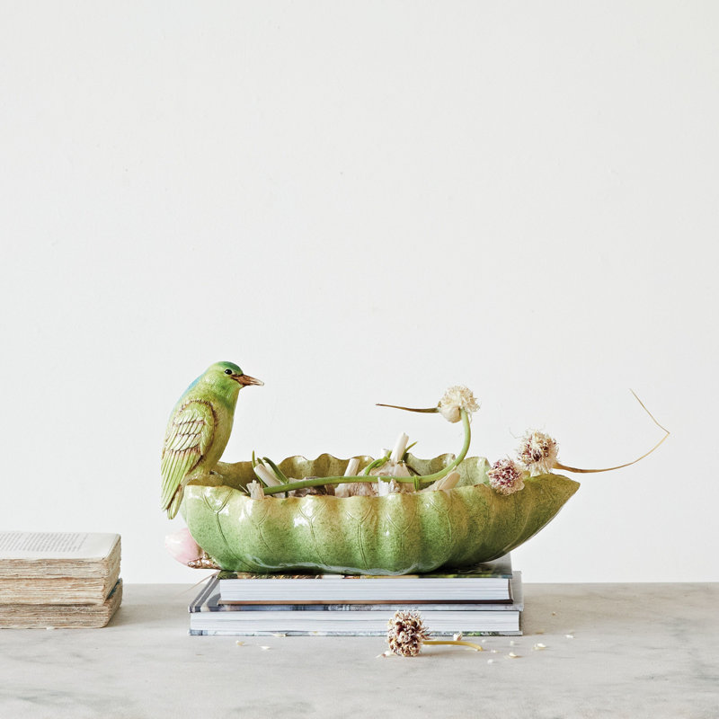 Ramik Resin Leaf and Bird Figurine Dish