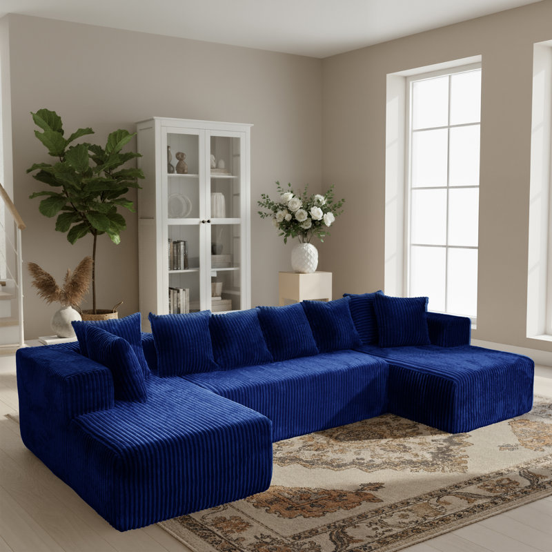 130" Cloud Boneless Couch Modular U-Shaped Sectional Sofa, 4-Seater with Reversible Chaise, Striped Corduroy Fabric for Living Room or Bedroom