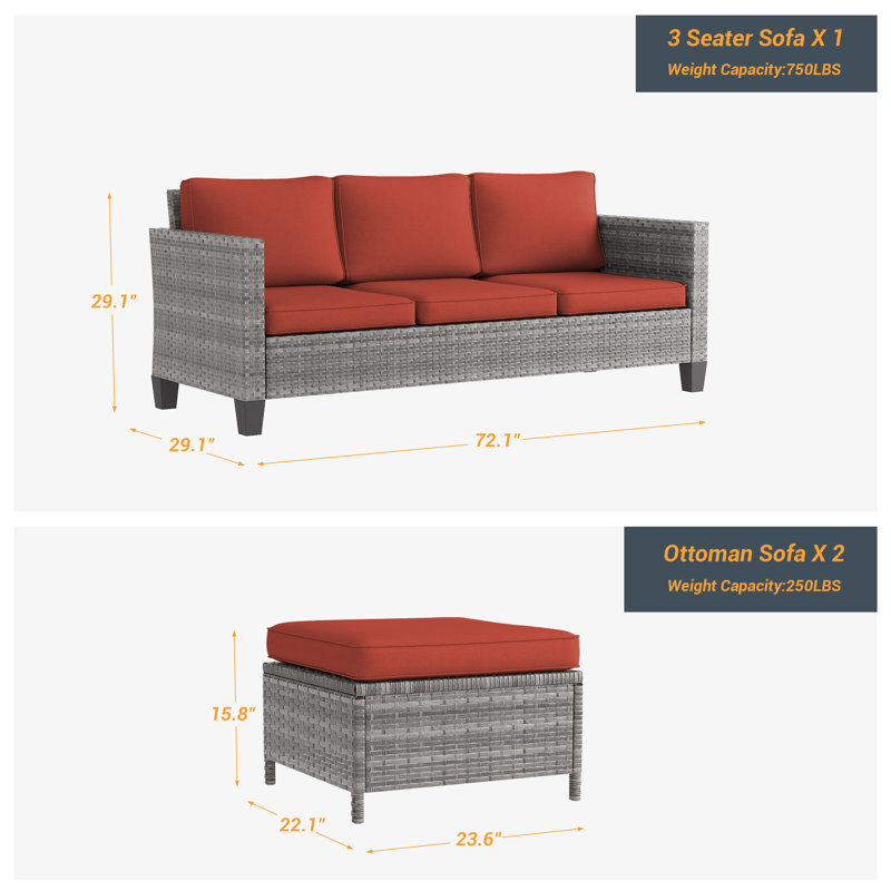 Ensemble de conversation d'extérieur pour 3 personnes avec coussins Iga, Gris, Rouge brique