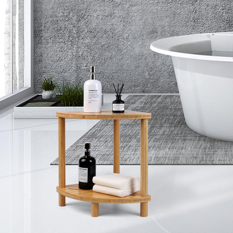 Tabouret de douche d'angle à 2 niveaux en bambou avec tablette de rangement, banc de repose-pieds de douche imperméable pour les pieds de rasage, siège et organisateur de salle de bain, conception peu encombrante