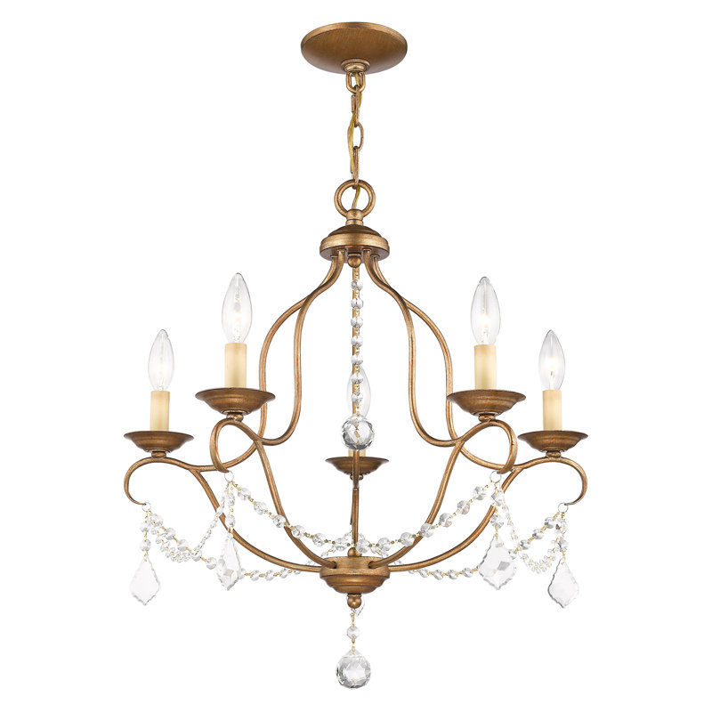 Lustre empire à 5 lumières de style bougie avec accents de cristal Daniesha, Feuille d'or antique