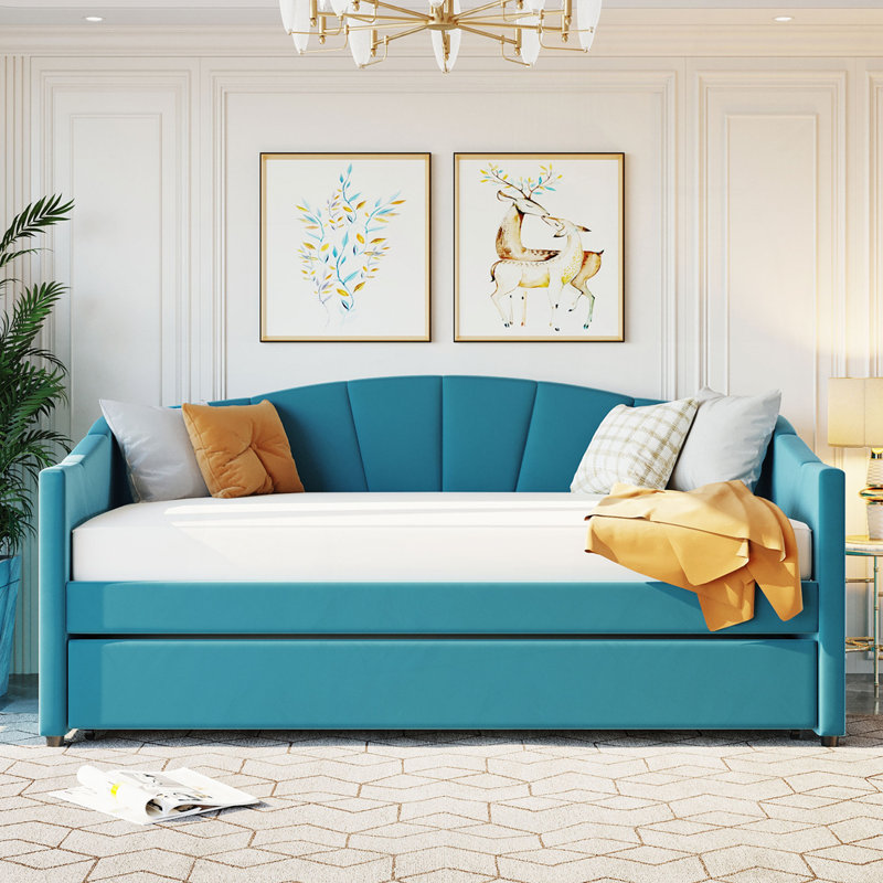 Kacy Upholstered Daybed with Trundle, Sofa Bed, Blue, Twin
