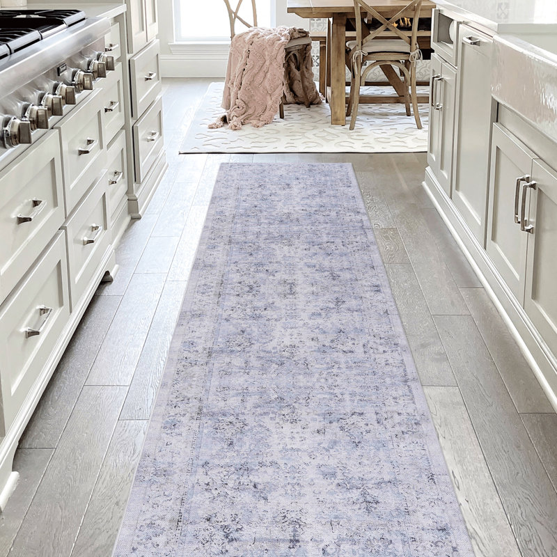 Low-Pile Area Rug For Dining Room - Washable, Non-Slip, Non-Shedding, Foldable, Soft, , Pet &  Blue+Cream, 2'6'' X 10' Washable Entrance Stain ,