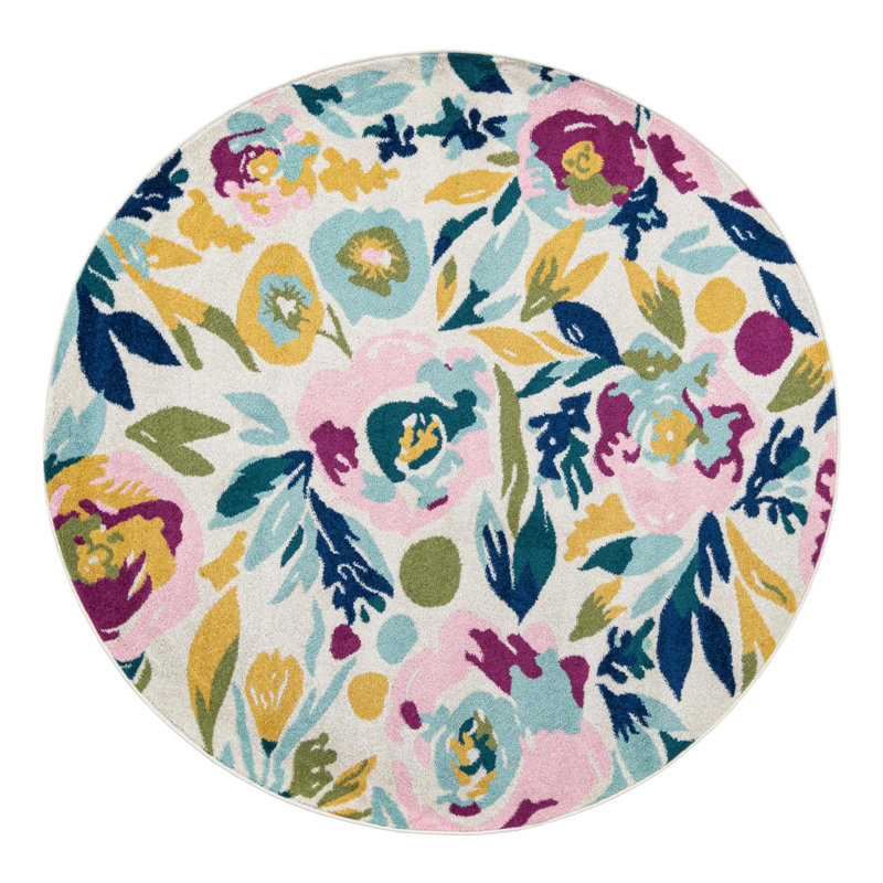 Holle Floral Area Rug, Round 3'3", White/Navy Blue/Yellow