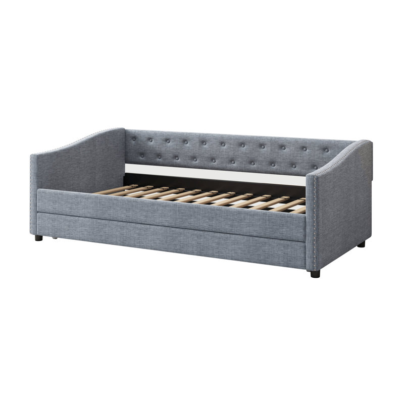 Lit de jour simple avec canapé-lit rembourré capitonné de taille simple, avec bouton sur le dos et clou en cuivre sur les accoudoirs ondulés