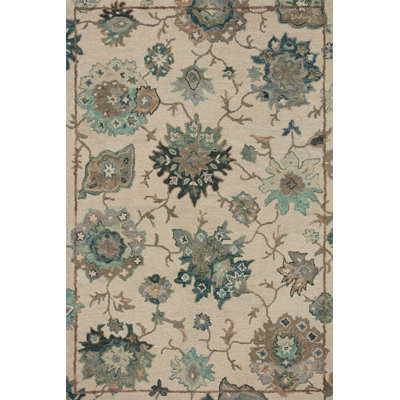 Tapis floral en laine noué à la main Kraker ivoire / vert / brun