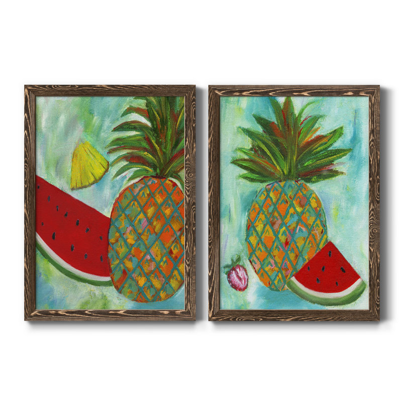 Ananas et melon d'eau I - ensemble de 2 reproductions d'art encadrées, Toile avec cadre en noyer, Pas de tapis