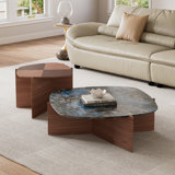 Modern Walnut And Sapphire Marble Irregular Coffee Table Nesting Set