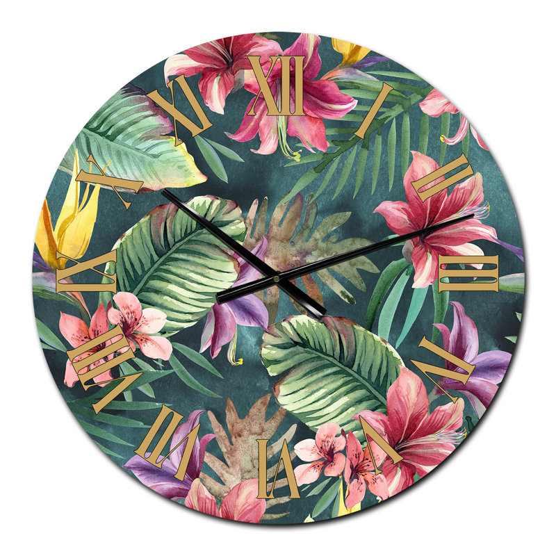Tropical Red Flower In Palm Leaves - Traditional Wall Clock, Medium