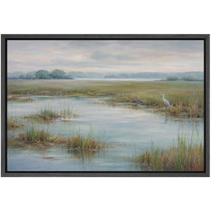 Serene Marshland White Aiget Coastal Landscape, 16" H x 24" W x 1.5" D, Cadre noir
