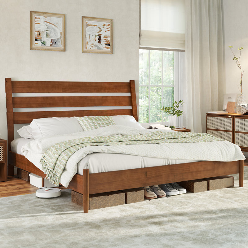  Solid Wood Queen Bed Frame with Reclining Slatted Headboard, Light Brown, Light Brown, Queen
