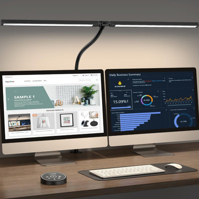 LED Desk Lamp with Clamp, Eye-Caring Architect Lamp,Double Head Computer Monitor Desk Lamp, Adjustable Flexible Gooseneck Light with 4 Colour Modes & 5 Brightness Levels