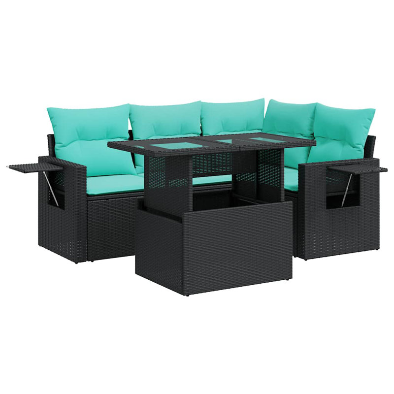  Ensemble de canapé de patio 5 pièces avec coussins en rotin polyacacia, Brun, Vert