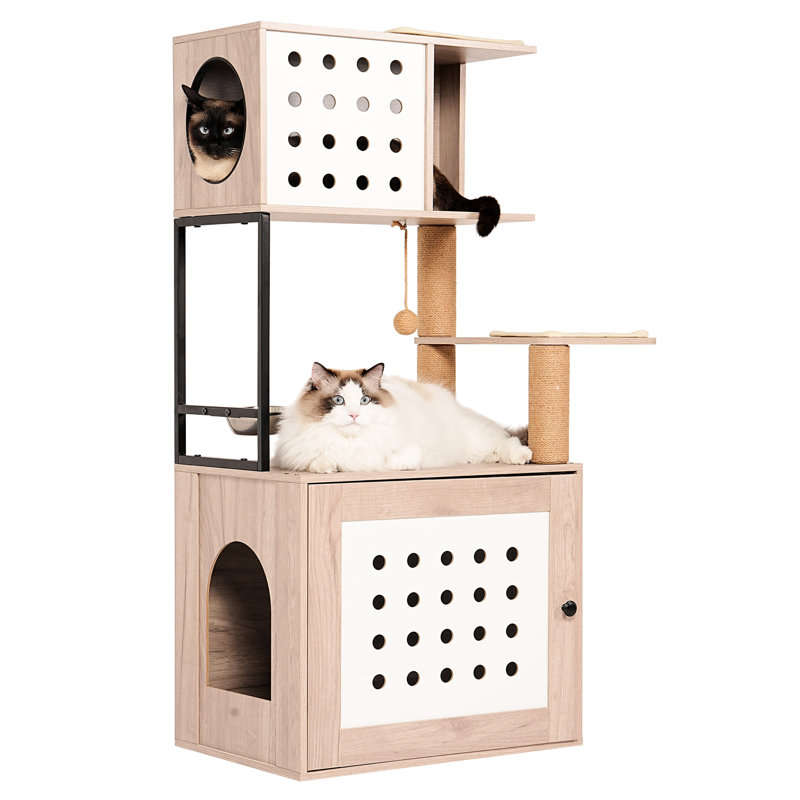 Arbre à chat pour chats d'intérieur: un avec un bac à litière moderne gris et blanc, un grand lit, une station de nourriture et des poteaux à griffer
