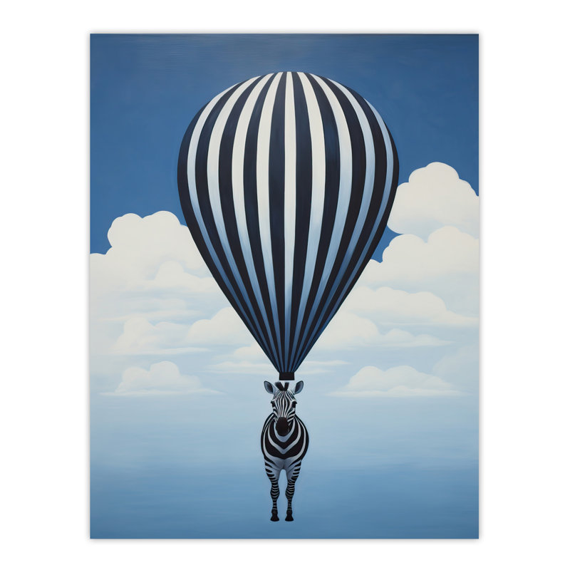 Wall Art Print Surreal And Stripes Zebra Balloon Adventures Over the Clouds Blue Oil Painting Poster