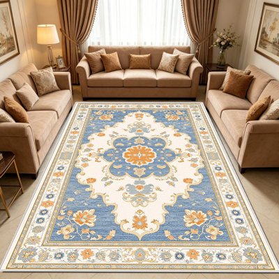 Tapis floral bleu-orange de 1 pièce, élégant tapis décoratif polyvalent, facile à nettoyer et à entretenir, meuble idéal pour la chambre à coucher, le salon, le couloir, le vestibule, le dortoir et le bureau afin de rafraîchir l'ambiance intérieure de votre maison
