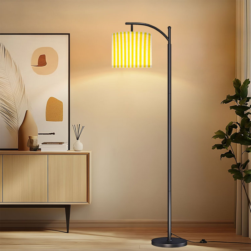 Arc Floor Lamp with Adjustable Lampshade Yellow Vertical Stripes White Standing Lamp 3 Color Temperatures Dimmable Tall Pole Lamp with Foot Switch for Bedroom