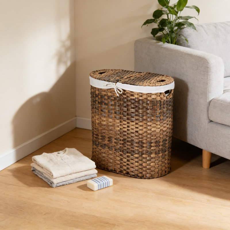 Premium Handwoven Laundry Hamper Basket With Removable Washable Liners, Dual-Compartment Portable Storage Bin For Clothes And Linens