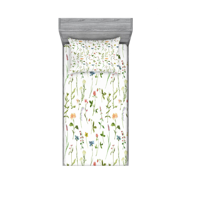 Drap-housse floral en microfibre, Drap-housse pour lit simple TG avec taie d'oreille, Floral multicolore / blanc