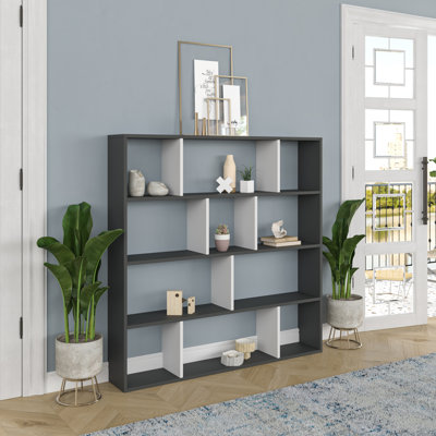 Modern Anthracite w/ White Bookshelf, 57.1 x 9.8 x 57.1 inches | 100% Melamine Coated Particle Board, Thickness: 0.7 inches | Numerous Shelves, Wall-Mountable Design | Stylish Scandinavian Furniture for Home w/ Office