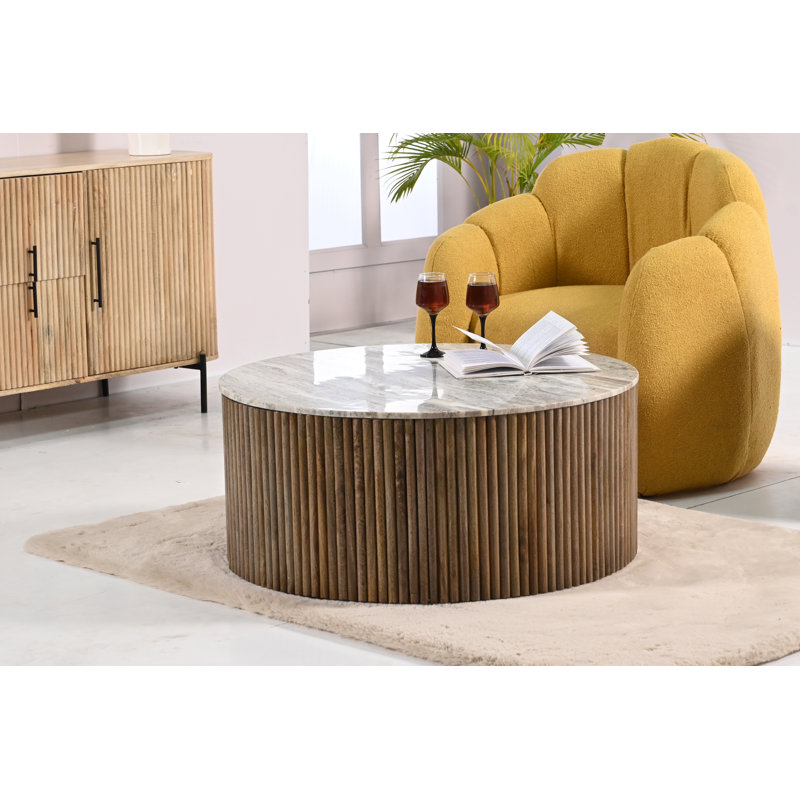 Rangement à dessus en marbre Reysdale Lilwen, Plateau en marbre blanc / base en noyer, H 17,5 po x L 36 po x l 36 po