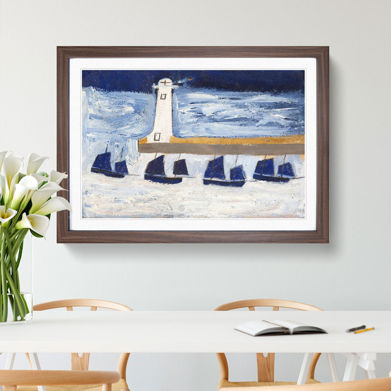 Four Luggars and a Lighthouse by Alfred Wallis - Picture Frame Painting, Walnut Framed, 48cm H x 65cm W x 2cm D