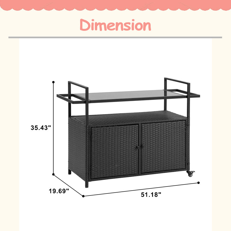 Outdoor Wicker Bar Cart, Patio Wine Serving Cart Wheels , Rolling Rattan Beverage Bar Counter Table Glass Top For Porch Backyard Garden Poolside Party